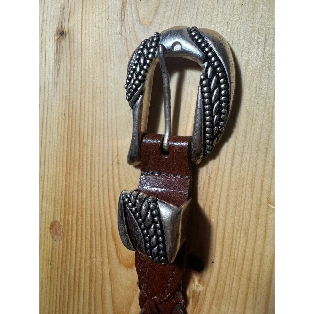 Argentina Vtg women's Belt Silver tone Engraved Buckle Boho Braided Leather  34